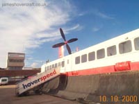 Main passenger stairs affixed to the plenum chamber at the main entrance. One of these flights of stairs was wheeled by tractor to each side of the craft during the unloading/loading period between flights, to let the foot passengers and crew off.